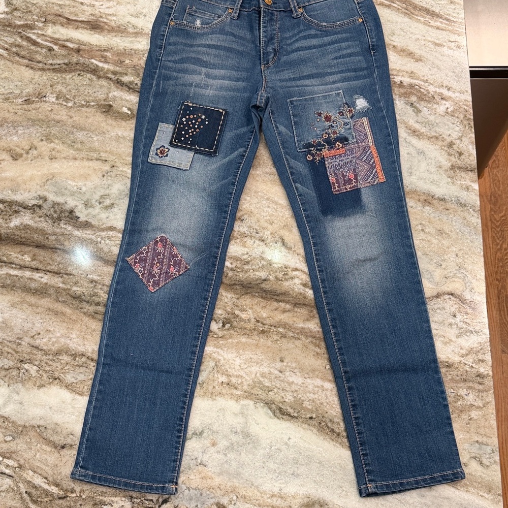 American Vintage Denim Straight Leg Jeans with Artistic Patches